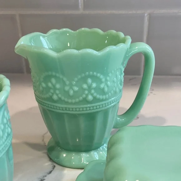 Pioneer Woman Mint Green Glass Butter Dish Creamer Sugar Set - Picture 5 of 16